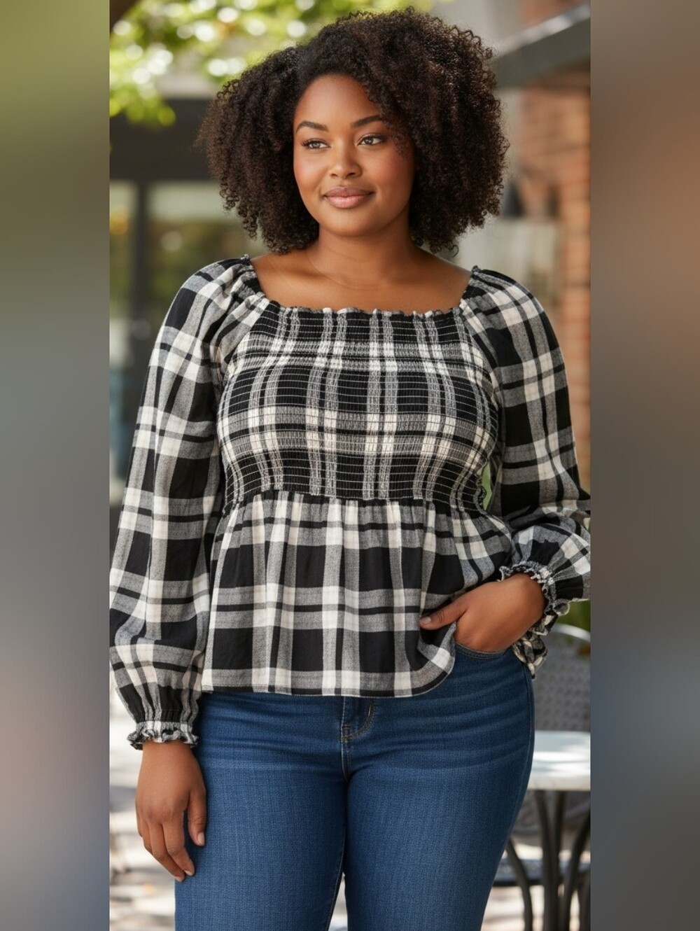 INNER CIRCLE Black and White Plaid Smocked Top